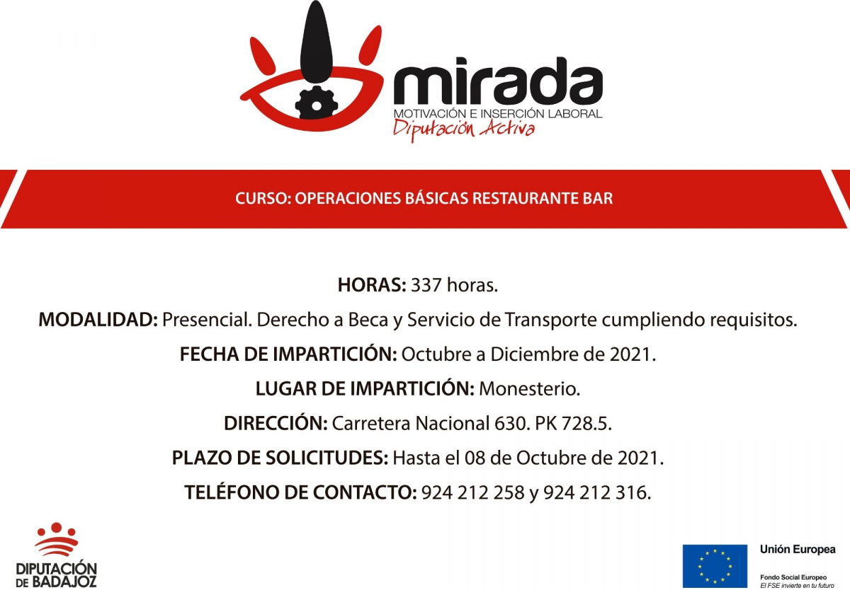 Ampliado el plazo de solicitudes para la acción formativa de ‘‘Operaciones básicas de Restaurante-Bar’’