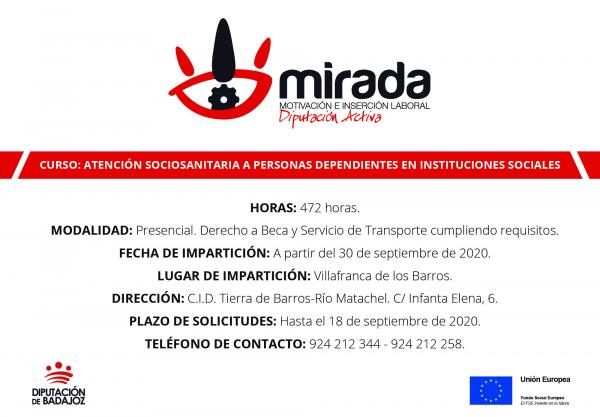 Diputación de Badajoz iniciará un curso de Atención Sociosanitaria a Personas Dependientes en Instituciones Sociales en Villafranca de los Barros