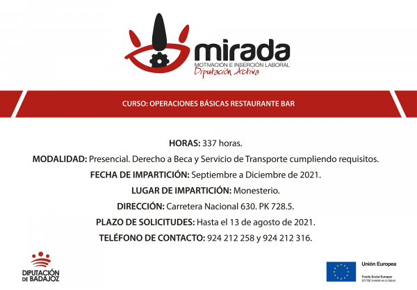 Imagen: Abierto plazo de solicitudes para un curso de Operaciones básicas de Restaurante-Bar en Monesterio,...