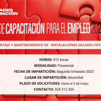 Abierto plazo de solicitudes para el curso de ‘’Montaje y Mantenimiento de Instalaciones Solares Fotovoltaicas’’ en Alconchel