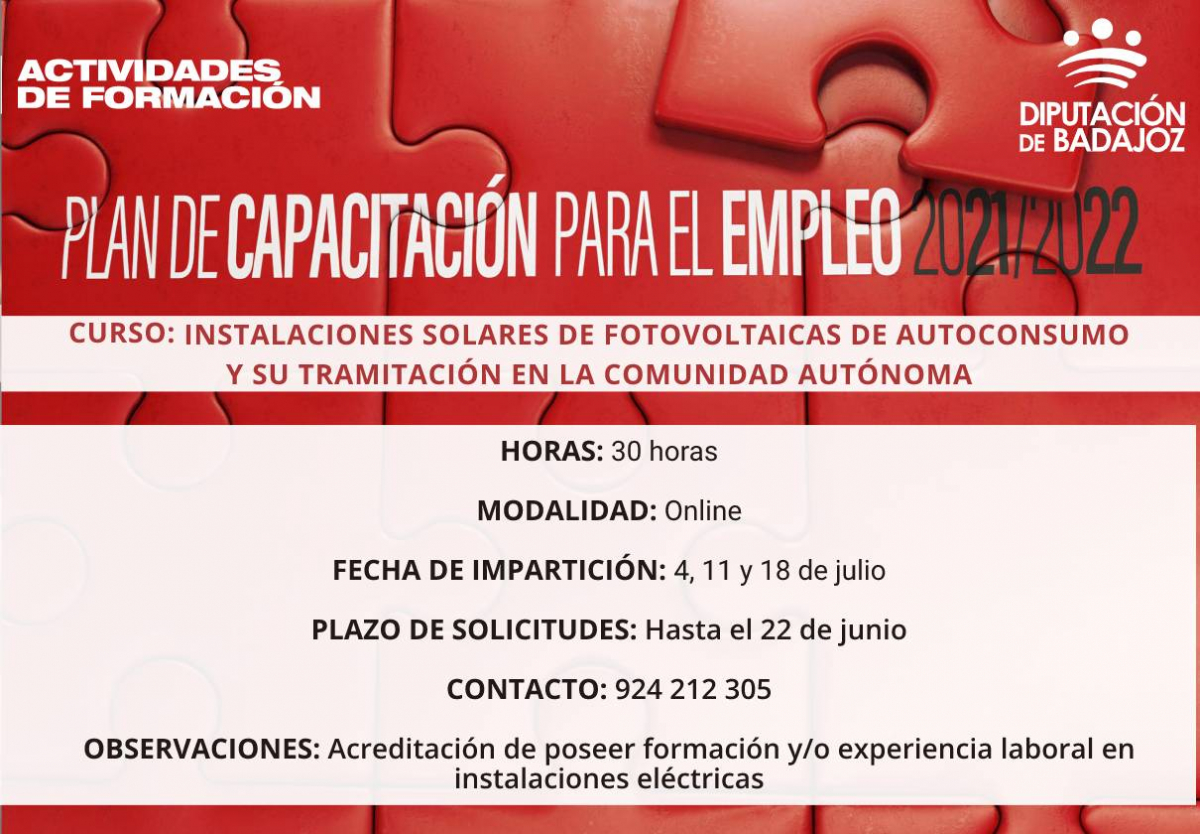 La Diputación de Badajoz inicia una acción formativa online en ‘’Instalaciones solares fotovoltaicas de autoconsumo”