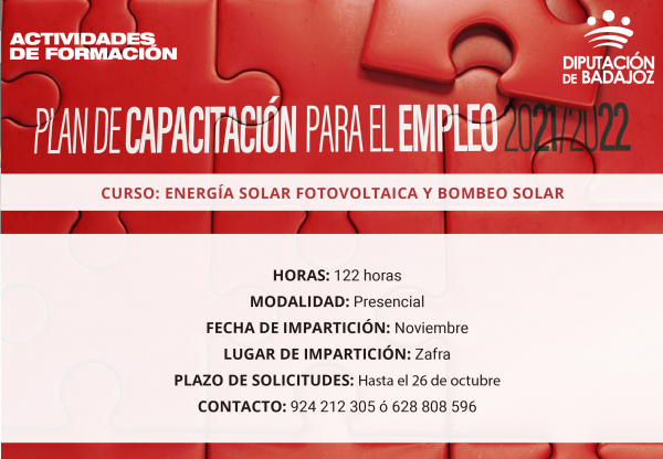 Imagen: Diputación de Badajoz abre el plazo de solicitudes para la acción formativa de ‘’Energía solar fotov...