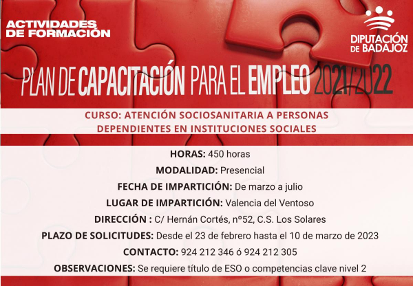 Imagen: Valencia del Ventoso acoge un curso sobre atención sociosanitaria para personas dependientes en inst...