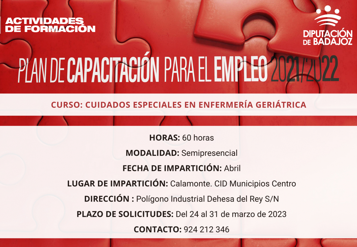Abierto el plazo de solicitudes para el curso en ’Cuidados especiales en enfermería geriátrica’’ en  Calamonte
