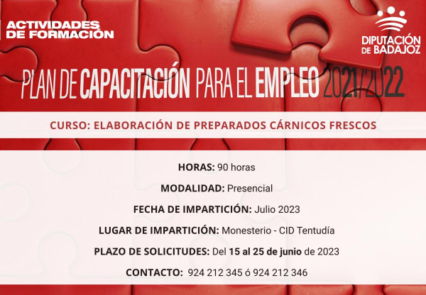 Imagen: Va a dar comienzo la acción formativa gratuita ‘‘Elaboración de Productos Cárnicos Frescos" en Mones...