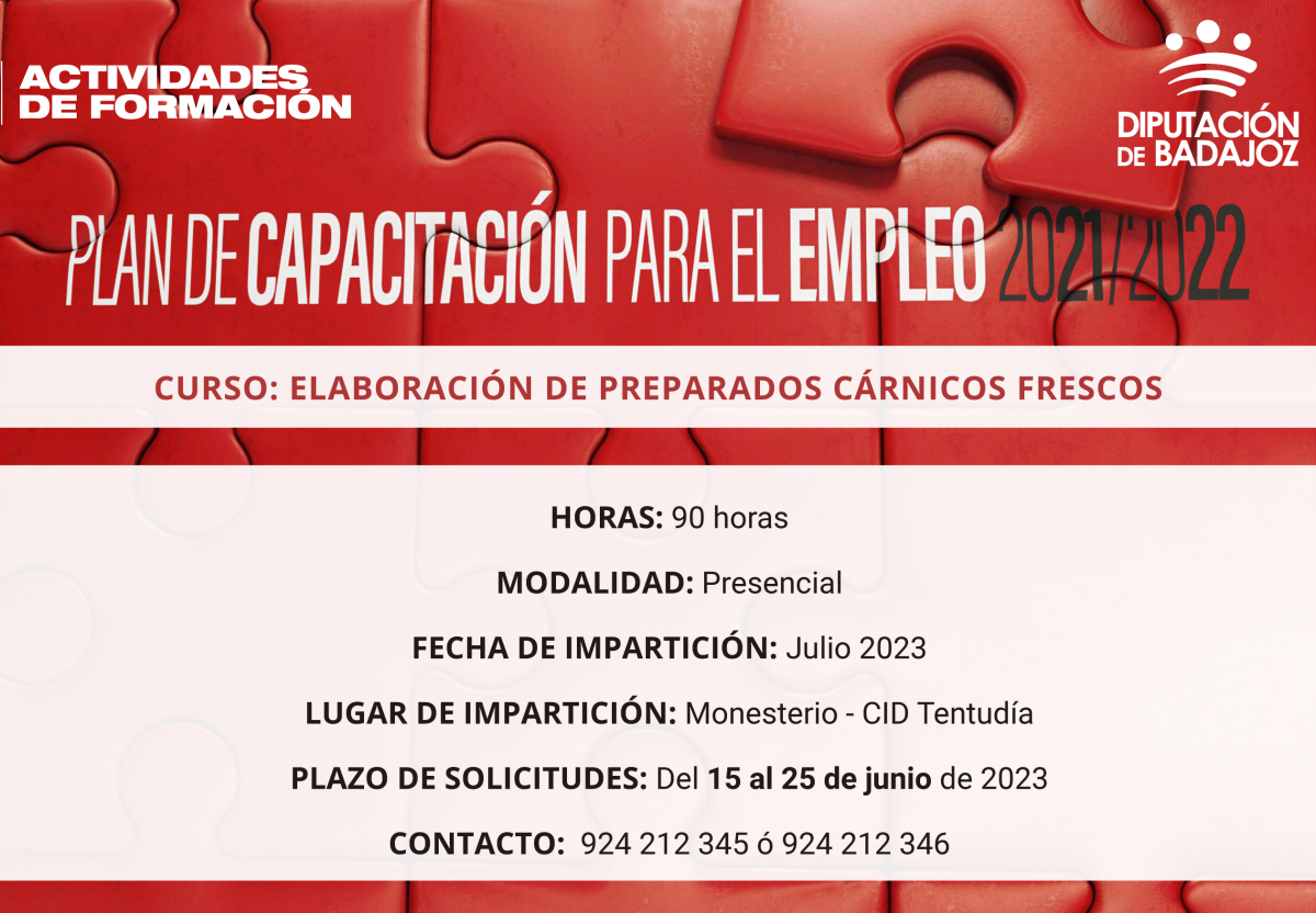 Va a dar comienzo la acción formativa gratuita ‘‘Elaboración de Productos Cárnicos Frescos” en Monesterio
